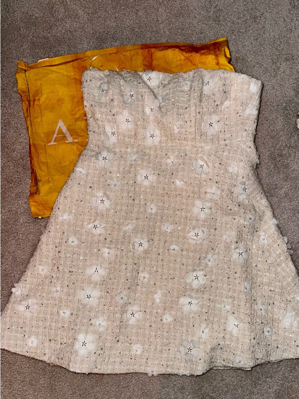 Anthropologie Cream Floral Embellished Strapless Dress